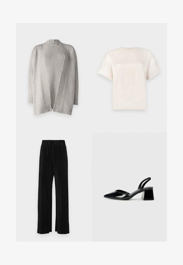 Hellgrauer Cardigan aus weichem Strickmaterial. Mit offenem Front, überschnittenen Schultern, geripptem Saum und strukturiertem Stich.; Kurzärmliges Rundhals-T-Shirt in Off-White, aus glattem Stoff gefertigt, mit lässigem Schnitt und minimalen Nähdetails an den Ärmeln.; Schwarze plissierte Hose mit elastischem Bund. Verfügt über weite Hosenbeine und einen glatten, strukturierten Stoff mit vertikalen Streifen.; Schwarze Lackleder-Slingback-High Heels mit spitzem Schuh und einem geometrischen Blockabsatz. Verfügt über ein schlankes, minimalistisches Design und eine glatte Textur.
