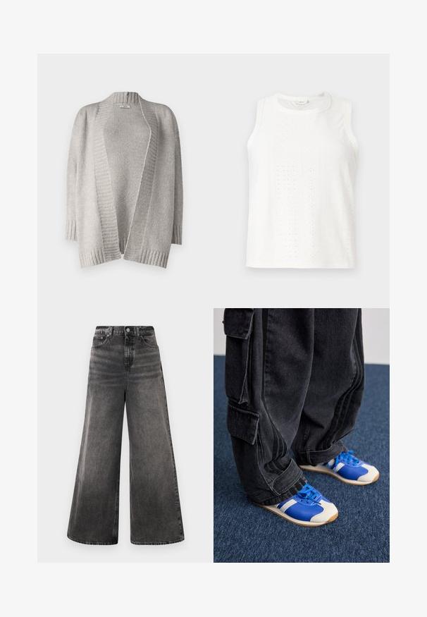 Světlý šedý kardigan vyrobený z měkké pleteniny. Má otevřený přední díl, spadlé ramena, žebrovaný lem a texturovaný steh.; Bílý top bez rukávů s vyšívanými vzory, kruhovým výstřihem a rovný střih. Vyrobeno z lehké tkaniny s hladkou texturou.; Široké černé džíny z denimu s vybledlým ombroekem, design s pěti kapsami a zapínáním na knoflík v pase, s vyšívanými detaily.; Osoba v volných černých cargo kalhotách a modro-bílých teniskách stojící na tmavě modrém koberci.