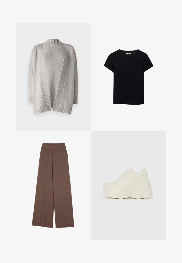 Svetlošedý kardigán vyrobený z mäkkého pleteného materiálu. Obsahuje otvorený front, spadnuté ramená, rebrovaný spodný lem a štruktúrované stehy.; Čierne tričko s krátkym rukávom vyrobené z jemného materiálu. Má klasický okrúhly výstrih a voľný strih. Bez vzorov alebo akcentov.; Široké nohavice vyrobené z texturovanej, rebrovanej tkaniny v teplej hnedej farbe. Disponujú bezšvíkovým pásom a splývavým strihom.; Biele platformové tenisky s hladkým koženkovým svrchným materiálom, zaobleným tvarom, polstrovaným golierom a textúrovanou gumovou podrážkou s výrazným vzorom.