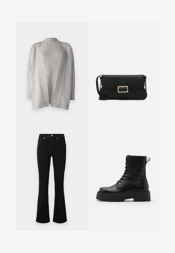Light gray cardigan made from soft knit material. Features an open front, dropped shoulders, ribbed hem, and textured stitching.; White sleeveless tank top made of ribbed fabric, featuring a rounded neckline and a fitted silhouette, with minimal seams and no embellishments.; Black flared jeans made of denim, featuring a mid-rise waist, front pockets, and button closure. Smooth texture with minimal stitching details.; Black leather ankle boots with a round toe, lace-up front, and a thick rubber sole featuring a textured tread. Pull tab at the back.; Black leather clutch bag with a flap and a gold metal buckle detail. Includes a black strap and a sleek, minimalist design.