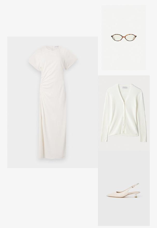 Witte geribde cardigan met een V-hals, lange mouwen en knoopsluiting aan de voorkant. Zachte textuur en een relaxte pasvorm.; Witte jurk met korte mouwen, ronde halslijn en ruches aan de zijkanten; gladde stof met een vloerlange silhouet.; Crèmekleurige puntneus slingback schoen met lage kittenheel en gouden gesp op een effen witte achtergrond.; Kattenoogbril met ovale lenzen en een strakke, gladde afwerking. Heeft dunne zijkanten met een subtiele kromming bij de slapen. Transparante lenzen.