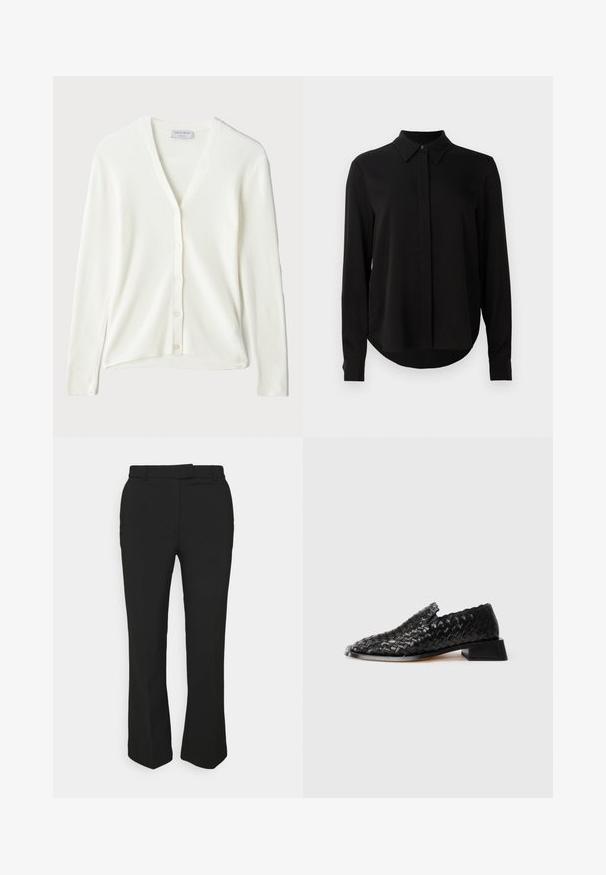 Balta šonkaine megztinis su V formos iškirpte, ilgomis rankovėmis ir mygtukų užsegimu priekyje. Minkšta tekstūra ir laisvas fasonas.; Juoda ilgomis rankovėmis blusa su smailiu apykakle, paslėptu mygtukų užsegimu ir kreivu hemu ant vientiso balto fono.; Juodos pritaikytos kelnės su tiesiomis kojomis, su diržo kilpos ir šoninėmis kišenėmis. Pagamintos iš lygios medžiagos su švariu apdailu.; Juoda odinė pinta neslystančio pado batų pora su žemu blokiniu kulnu ir banguotu kraštu, pristatyta ant balto fono.
