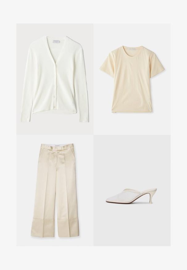 Weißer, gerippter Cardigan mit V-Ausschnitt, langen Ärmeln und Knopfverschluss an der Vorderseite. Weicher Stoff und lockere Passform.; Cremefarbiges T-Shirt aus weichem, leichtem Baumwollmaterial mit kurzen Ärmeln und Rundhalsausschnitt. Keine sichtbaren Muster oder Akzente.; Beige weite Hose aus glattem Stoff mit hohem Bund, gepunkteter Vorderseite und umgeschlagenem Saum, ausgestattet mit seitlichen Taschen und sauberem Finish.; Weiße Mesh-Pantoletten mit spitzer Zehenform, schlankem Mittelabsatz und Slip-On-Design vor einem schlichten Hintergrund.