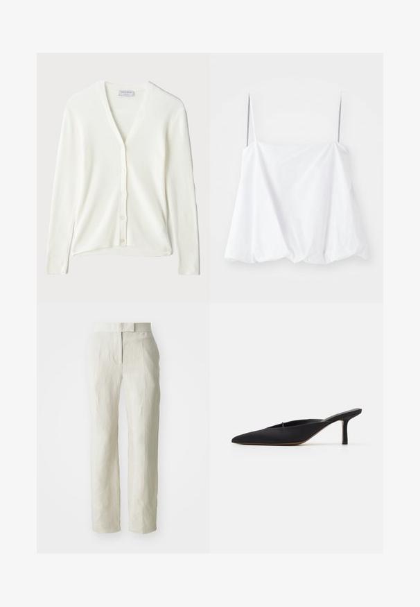 Cardigan blanc en maille côtelée avec un col en V, des manches longues et une fermeture à boutons sur le devant. Texture douce et coupe décontractée.; Haut sans manches blanc avec de fines bretelles, fabriqué en tissu léger. Présentant un design ample et une texture froncée à l'ourlet.; Pantalons en lin blancs avec une coupe ajustée, présentant un devant plat et des jambes droites. Texture lisse avec un léger détail de plis.; Mule noir à bout pointu avec un design élégant, fabriqué en tissu lisse, présentant un talon fin et un dos ouvert pour faciliter l'enfilage.