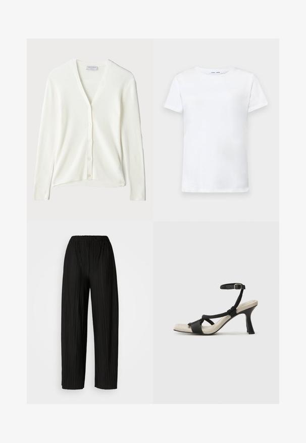Cardigan bianco a coste con scollo a V, maniche lunghe e chiusura a bottoni sul davanti. Morbido al tatto e dalla vestibilità comoda.; T-shirt bianca a maniche corte in cotone con design a girocollo. Tessuto liscio e taglio dritto, senza motivi o accenti.; Pantaloni neri a gamba larga plissettati con vita elastica. Il tessuto presenta pieghe verticali e una consistenza liscia.; Sandal con tacco nero e design con cinturino intrecciato, punta quadrata e cinturino alla caviglia regolabile. Soletta beige chiaro con tacco nero lucido.