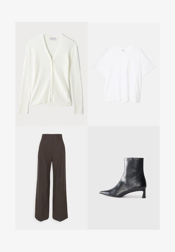 Bela rebrasta jopica s kratkim rokavima, V-izrezom in gumbnim zapiranjem spredaj. Mehka tekstura in sproščen kroj.; Bela bombažna majica s kratkimi rokavi, okroglim izrezom, sproščenim krojem in šivanim robom. Oznaka vidna na notranji strani izreza.; Temno rjave široke hlače z visokim pasom, ki imajo lepo stisnjene gube, gladko teksturo in krojen fit.; Črne usnjene gležnjarje s šiljastim nosom in elegantnim dizajnom. Imajo nizko peto in zadrgo na zadnji strani. Gladka tekstura.