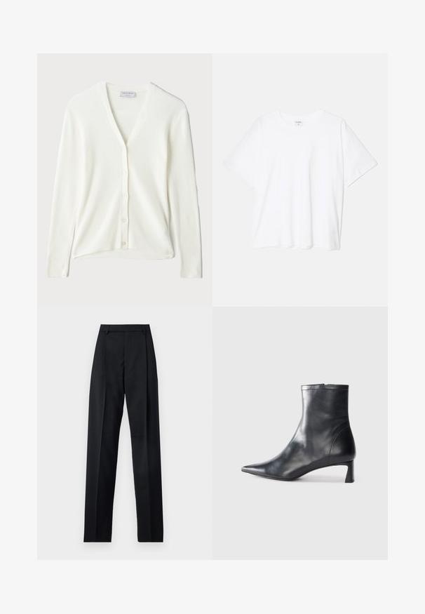 Witte geribde cardigan met een V-hals, lange mouwen en knoopsluiting aan de voorkant. Zachte textuur en een relaxte pasvorm.; Witte katoenen t-shirt met korte mouwen, ronde halslijn, comfortabele pasvorm en gestikte zoom. Etiket zichtbaar aan de binnenzijde van de hals.; Zwarte broek gemaakt van gladde stof met een hoge taille, wijde benen, voorplooien en klassieke ceintuurlussen. Geen zijzakken zichtbaar.; Zwarte leren enkellaars met een spitse neus en een slank ontwerp. Heeft een lage hak en een ritssluiting aan de achterkant. Gladde textuur.