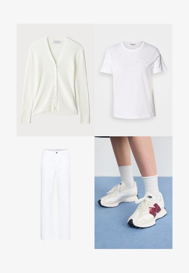 Hvit ribbet cardigan med V-hals, lange ermer og knappeåpning foran. Myk tekstur og avslappet passform.; Hvit bomull T-skjorte med korte ermer, rund hals og en subtil brodert logo på venstre brystområde. Glatt tekstur, klassisk passform.; Hvite vide jeans laget av denim. Har knappefeste og tradisjonell fem-lomme-design. Glatt tekstur med en ren finish.; Par med hvite joggesko med bordeaux detaljer, teksturerte paneler, flat svart yttersåle og lette snøringer, iført hvite ankelstrømper.