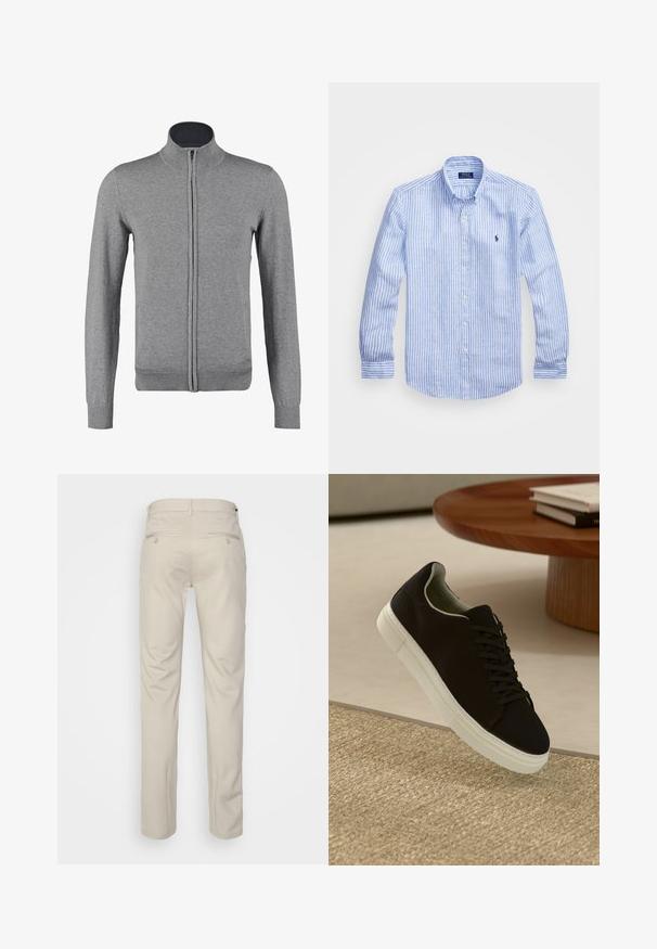 Gray zip-up cardigan with a ribbed collar and cuffs, featuring a smooth texture and fitted shape. No visible patterns or accents.; Blue and white striped long-sleeve shirt made of cotton, featuring a button-down collar, front buttons, and a small embroidered logo on the chest.; Beige trousers with a smooth texture, straight cut, two back pockets with buttons, and a standard waistband.; Black sneaker with white sole floating above beige textured rug near round wooden table with stacked books.