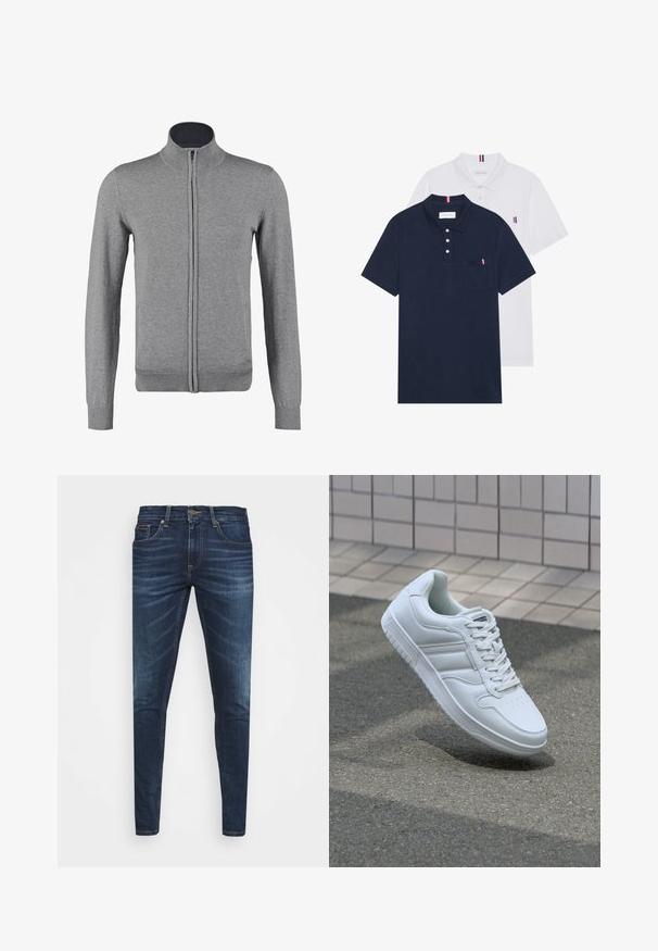 Cardigan grigio con zip, dotato di colletto e polsini a costine, con una texture liscia e una forma aderente. Nessun motivo o accento visibile.; Due polo shirt: uno blu navy e uno bianco, entrambi con un piccolo accento rosso, bianco e blu sulla tasca del petto e sul colletto.; Jeans in denim blu scuro con vestibilità slim, leggero sbiadito, cinque tasche e chiusura con bottone in metallo. Dettagli cuciti in un colore a contrasto.; Sneaker sportivo bianco con tomaia in pelle liscia, chiusura con lacci, punta perforata e suola decorata. Design minimalista con tre strisce laterali.