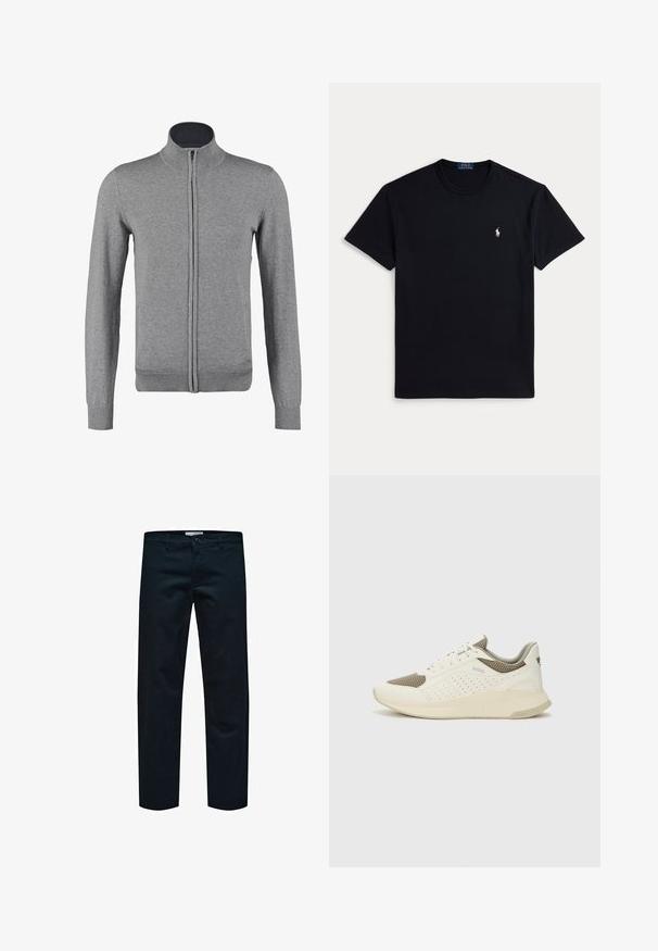 Cardigan cinza com fecho, com colarinho e punhos canelados, apresentando uma textura suave e forma ajustada. Sem padrões ou detalhes visíveis.; Camiseta preta de algodão com decote redondo, mangas curtas e pequeno logótipo bordado no lado esquerdo do peito. Textura suave.; Calças de algodão pretas com um design de perna reta, apresentando um fecho simples com botão e bolsos padrão. Textura suave e sem padrões visíveis.; Sapatilha atlética branca e bege claro, com parte superior em malha, detalhes perfurados e uma entressola texturizada com marcação no calcanhar.