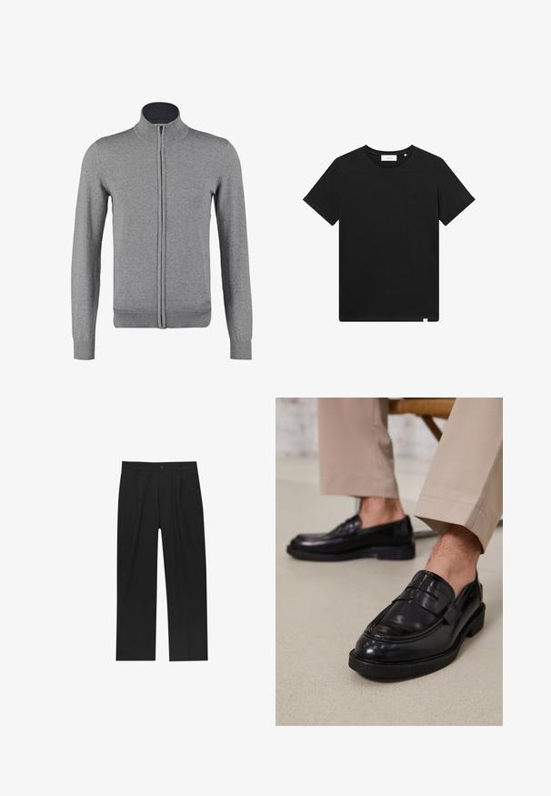 Sivi zip-up kardigan s rebrastim ovratnikom i manžetama, s glatkom teksturom i prilagođenim krojem. Bez vidljivih uzoraka ili akcenta.; Crna kratka majica s kratkim rukavima od pamuka, s okruglim izrezom i malim logotipom izvezenim na prsima. Glatka tekstura, standardni kroj.; Crne hlače ravnog kroja, izrađene od glatkog materijala. Imaju prednje nabore i jedan dugme na struku.; Crne kožne mokasine s glatkom obradom, koje imaju dekorativnu traku i kontrastnu šav, u kombinaciji s bež hlačama.