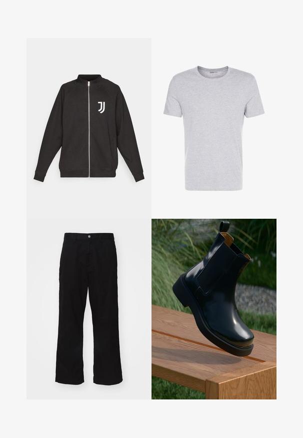 Zwarte zip-up sweatshirt gemaakt van textuurstof. Bevat raglanmouwen, hoge kraag en een wit Juventus-logo op de borst.; Grijze katoenen t-shirt met een ronde hals, korte mouwen en een eenvoudige uitstraling, met een zachte, gladde textuur en zonder zichtbare patronen of versieringen.; Zwarte wijde broek gemaakt van een katoenmix, met een knoopsluiting en een recht model met minimaal zichtbare stiksels.; Zwarte leren Chelsea-boot met een gladde afwerking, elastische zijkanten, ronde neus en dikke rubberen zool, gepositioneerd boven een houten oppervlak.