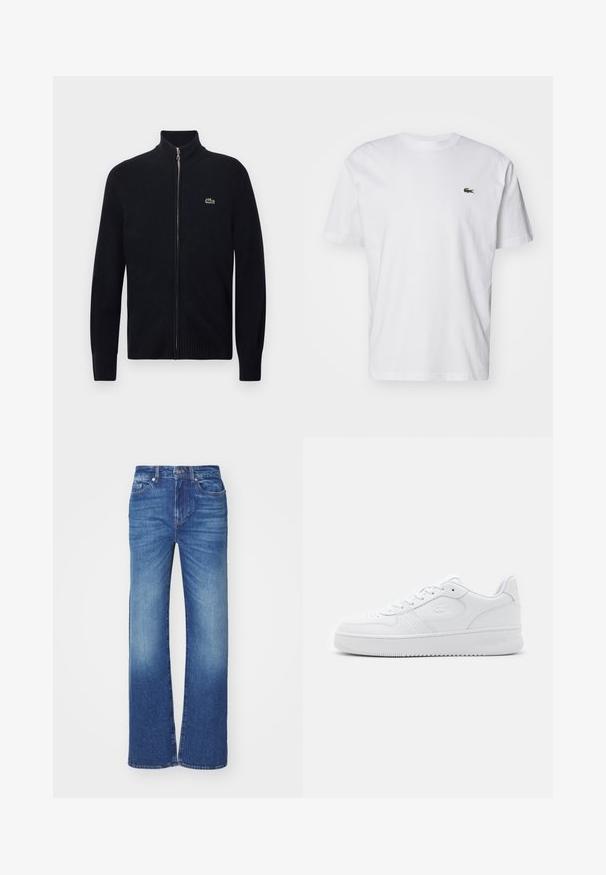 Fekete cipzáras pulóver bordázott gallérral és mandzsettával, kötött anyagból. Bal mellrészen kis zöld logóval.; Fehér pamut póló, kerek nyakkivágással, rövid ujjakkal, a mellkason egy kis zöld hímzett logóval. Klasszikus egyenes szabású. ; Kék farmernadrág egyenes szárú fazonban, kiégett mosással, öt zsebbel és gombbal, valamint cipzárral a deréknál.; Fehér bőr edzőcipő, perforált orrrezgéssel, lapos fűzőkkel és párnázott nyakkal. Jellemzője az oldalon lévő dombornyomott logó és a textúrált gumitalp.