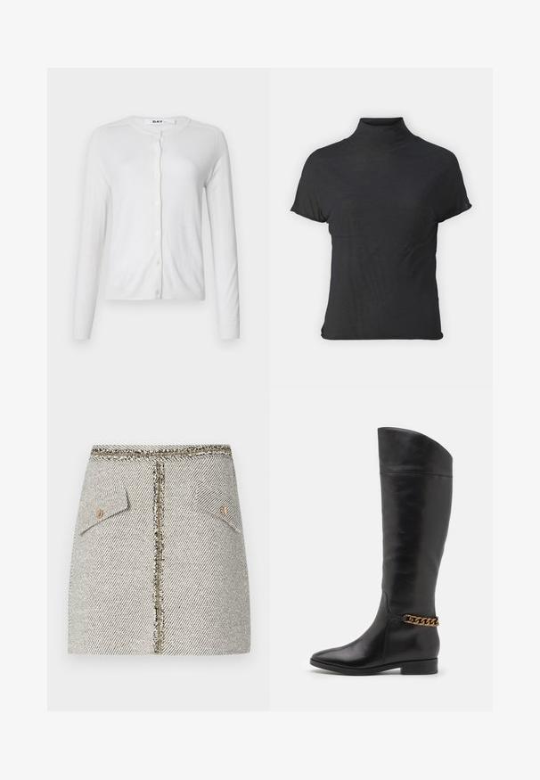 White cardigan made of soft fabric, featuring long sleeves, round neckline, and a front button closure with small matching buttons.; Black short-sleeve turtleneck top made of lightweight fabric with a smooth texture and a fitted shape, featuring a high neckline.; Woven tweed skirt in white and black herringbone pattern, features two front pockets and a gold-tone zipper at the back with frayed edges.; Tall black leather boots with a sleek design, pointed toe, and a gold chain accent at the ankle. Low block heel. Smooth texture.