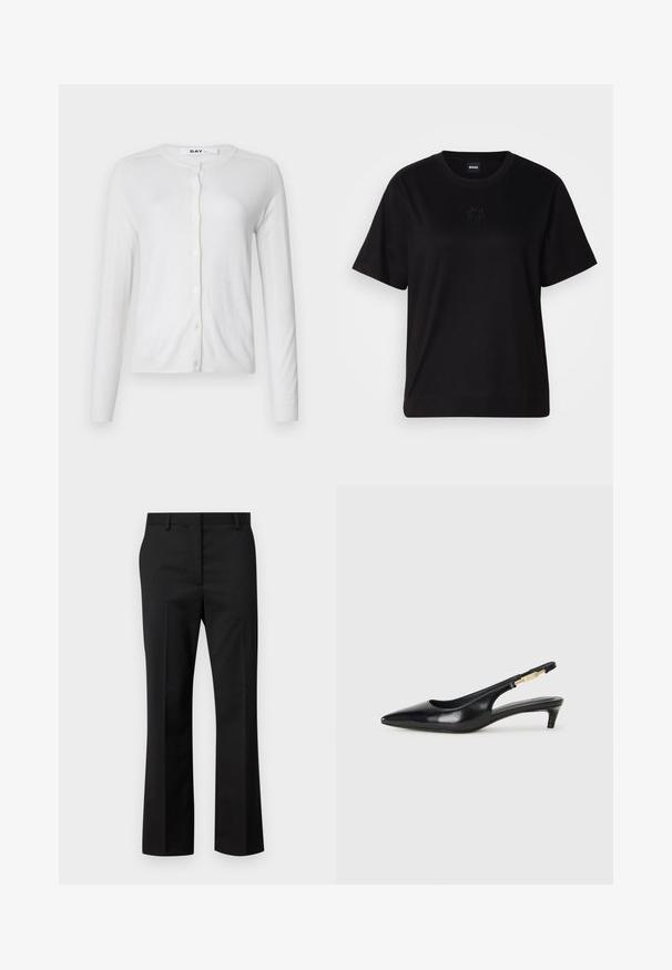 Bela kapa iz mehkega blaga, z dolgimi rokavi, okroglo izrezom in sprednjim zapiranjem na gumbe z majhnimi usklajenimi gumbi.; Črna bombažna majica s krožnim izrezom, kratkimi rokavi in izvezenim logotipom na prsih. Preprosta, sproščena silhueta brez vzorcev.; Črne krojene hlače z ravnim krojem. Narejene iz gladkega materiala, imajo ravno sprednjo stran in standardni pas z zankami za pas.; Črne usnjene sandale na peto z ostro konico, ki imajo tanko peto in zlat ton na nastavljivem traku. Gladka tekstura.