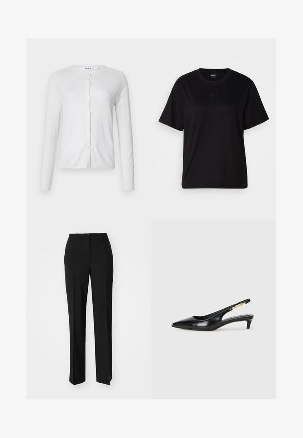 White cardigan made of soft fabric, featuring long sleeves, round neckline, and a front button closure with small matching buttons.; Black cotton t-shirt with a crew neckline, short sleeves, and an embroidered logo on the chest. Simple, relaxed fit with no patterns.; Black tailored trousers with a straight-leg design, featuring a smooth texture and crisp creases along the front. No visible hardware.; Black leather slingback heels with a pointed toe, featuring a slim heel and a gold-tone accent on the adjustable strap. Smooth texture.