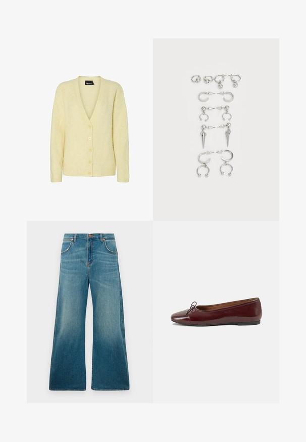 Žuti plišani kardigan s V-izrezom, dugim rukavima i pet dugmadi sprijeda. Mekana tekstura i rebraste manžete zaokružuju dizajn.; Dva majica bez rukava: jedna kremne boje s izrezom i blagom prednjom detaljnom, a druga svijetlosmeđa, obje s rebrastom teksturom i širokim naramenicama.; Traperice s visokim strukom u plavoj boji, širokih nogavica, prednjim džepovima, kopčanjem na dugme i izblijedjelim gradijentom boje od struka do donjeg ruba.; Burgundska lakirana balerinka s zaobljenim vrhom, malim mašnom sprijeda i niskom, crnom gumenom potplatu. Glatka tekstura.; Set srebrnih naušnica koje sadrže razne dizajne: kružne, naušnice s dugmetom i viseće stilove, s lopticama i oštrim elementima.