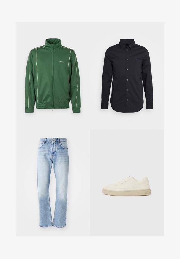 Casaco verde com fecho éclair e gola alta, feito de um material liso. Apresenta detalhes em branco ao longo das costuras e uma cintura canelada.; Camisa preta de manga longa com botões, feita de tecido suave, apresentando um colarinho clássico, mangas de comprimento completo e um pequeno logótipo no peito.; Calças de ganga azul claro com corte de perna reta. Apresenta um design de cinco bolsos, fecho de botão e uma textura desbotada na parte inferior.; Ténis de tela brancos com sola de borracha texturizada, apresentando uma biqueira cosida e um detalhe com o logótipo no calcanhar. Design simples com atacadores.