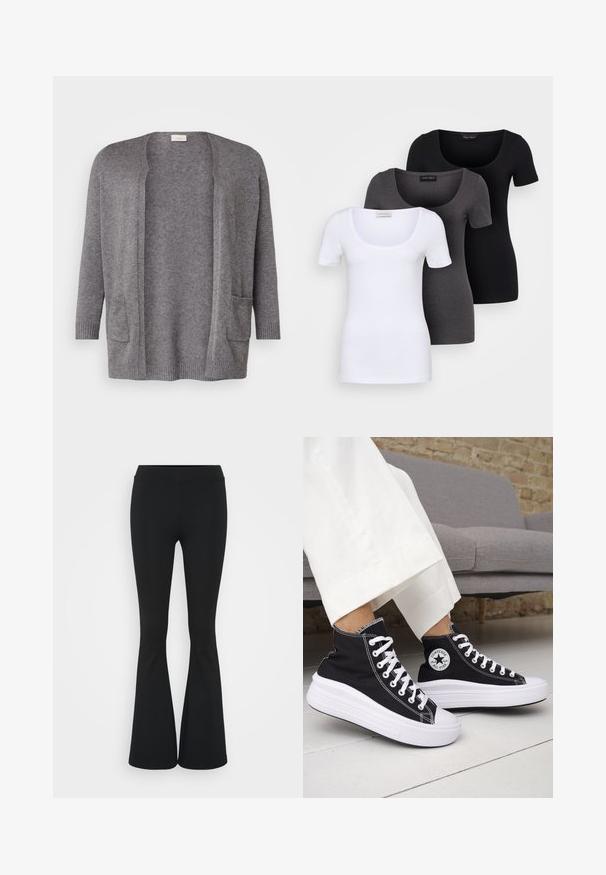 ONLY Carmakoma CARESLY OPEN - Kardiganas - chocolate torte melange; Trys priderinti marškiniai: balti, pilki ir juodi. Kiekvienas turi plačią apvalią iškirptę ir trumpas rankoves. Pagaminti iš lygaus, tamprių audinio.; Juodai platėjantys kelnių, pagamintų iš tamprių medžiagų, kurie turi aukštą juosmenį ir lygią tekstūrą. Kelnės platėja nuo kelio.; Juodi aukštakulniai sportbačiai su baltais guminiu padu ir raišteliais. Ant jų yra apvalus logotipo lopas ir kontrastingos baltos siūlės. Pagaminti iš drobės medžiagos.