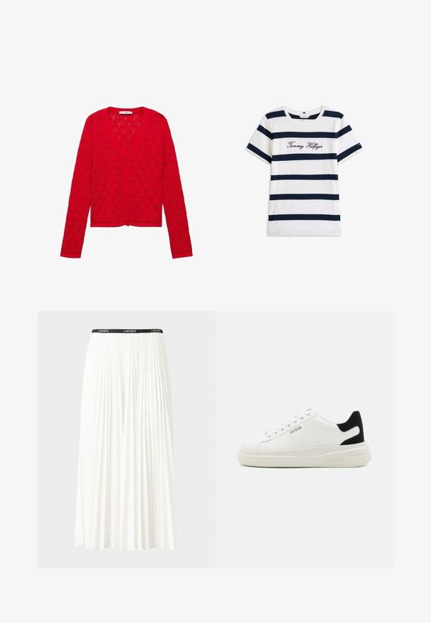 Rdeča pletena jopica z V-izrezom, dolgimi rokavi in čipkastim vzorcem. Ima gumbaste zap closures in okrasni rob na dnu.; Bombažna majica s horizontalnimi mornarsko modrimi črtami na belem ozadju. "Tommy Hilfiger" izvezeno v kurzivni pisavi na prsih. Okrugli izrez.; Gubasta bela krila z črnim elastičnim pasom, ki nosi logotip "LACOSTE". Srednje dolga zasnova z mehkobo tkanine.; Bele usnjene športne copate z debelim belim podplatom, črnimi semišnimi detajli na peti in utisnjenim logotipom na strani. Zavezovanje s šestimi luknjicami.