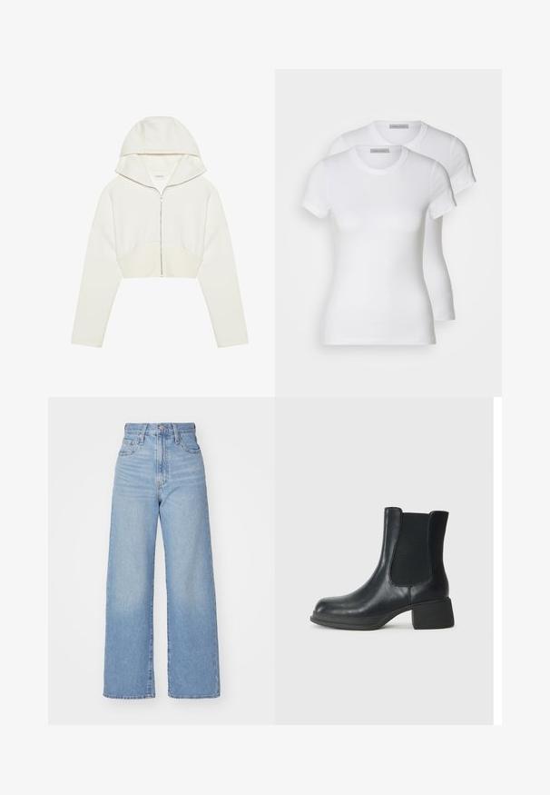 Valge lühendatud lukuga kapuutsiga jakki, pehme kangas, pikad varrukad ja õmblusdetail ees. Sile tekstuur ja metalline lukku.; Kaks valget puuvillast T-särki lühikeste varrukatega, ümarate kaelustega ja kitseneva siluetiga, millel on sujuv tekstuur ja minimalistlik disain.; Heledad sinine kõrge vöökohaga laiad teksad, ees nupp ja tõmblukk, ees ja taga taskud, valge tausta peal.; Mustadast mustast nahast pahkluu saabas, millel on elastsed külgpaneelid, ümar varvas ja madal plokk kand. Pinndl on sile tekstuur ja minimaalne detailide arv.