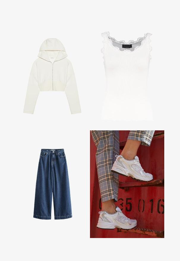 Felpa corta bianca con zip e cappuccio, realizzata in un tessuto morbido, maniche lunghe e un dettaglio di cucitura sulla parte frontale. Texture liscia e zip metallica.; Top in cotone bianco a coste con pizzo sul collo e sulle maniche. Presenta una texture morbida e una forma aderente. Etichetta del marchio visibile all'interno.; Pantaloni in denim a gamba larga di colore blu scuro. Realizzati in cotone resistente, presentano una vita alta, tasche frontali e orli dritti e croppati con cuciture visibili.; Sneaker bianchi in rete con accenti argento e suola testurizzata, posizionati su una superficie rossa, abbinati a pantaloni a scacchi.