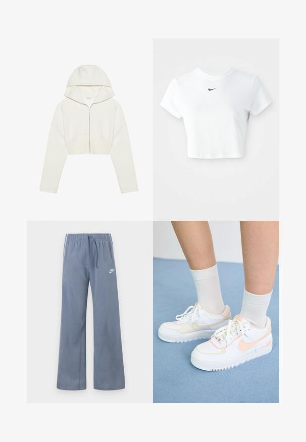 Hvit cropped hettegenser med glidelås, myk stoff, lange ermer og sømdetalj foran. Glatt tekstur og metallisk glidelås.; Hvit avkortet t-skjorte laget av bomull, med korte ermer og rund hals, med en svart Nike-logo på brystet.; Lyseblå fleece Nike joggebukser med elastisk linning, snor, vide ben og hvit logo på venstre lår.; Hvite sneakers med ferskenfarge detaljer, glatt skinnoverdel, perforert tå, teksturert såle og snøring. Brukt med hvite ankelsokker på en blå overflate.