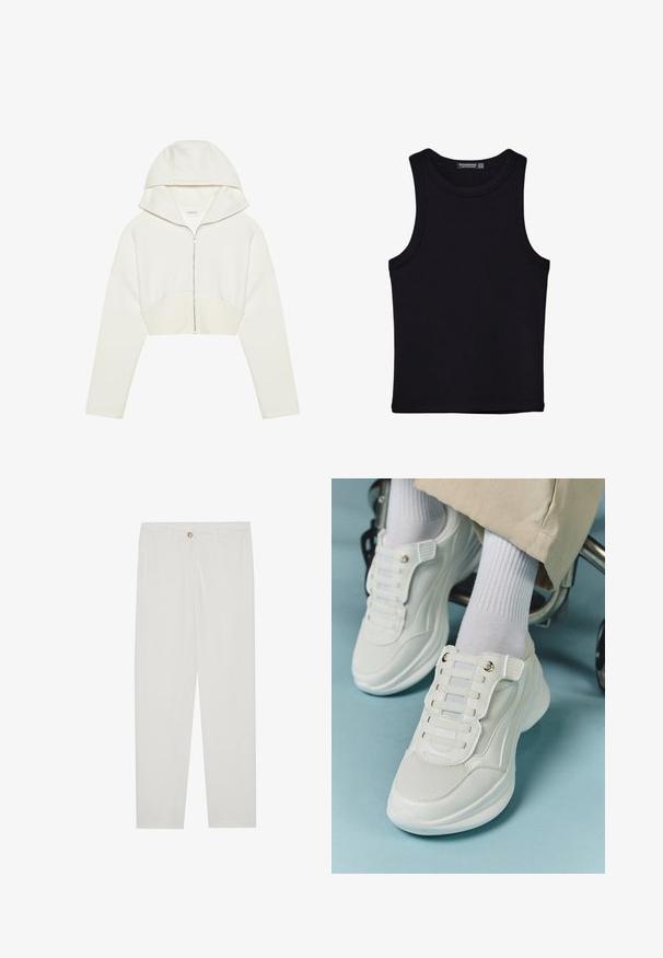 Felpa corta bianca con zip e cappuccio, realizzata in un tessuto morbido, maniche lunghe e un dettaglio di cucitura sulla parte frontale. Texture liscia e zip metallica.; Canotta nera in cotone, caratterizzata da un colletto rotondo e ampi giromanica. Texture liscia con orli cuciti. Design classico e minimalista.; Pantaloni bianchi su misura con design a gamba dritta, dotati di chiusura a bottone, passanti per cintura e tasche laterali; tessuto morbido.; Sneaker bianchi realizzati in materiale a rete, suola in gomma, design senza lacci con bande elastiche e dettagli in tonalità oro.