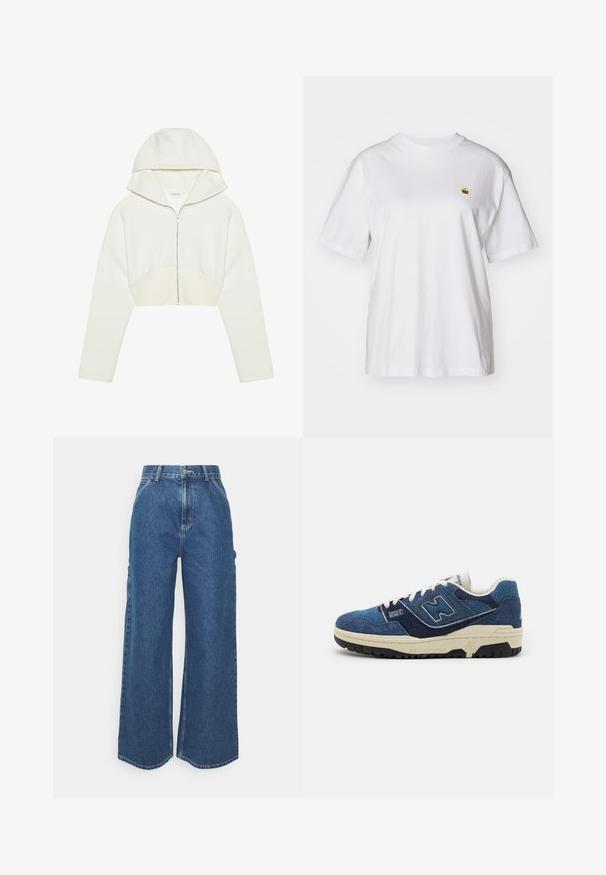 White cropped zip-up hoodie with a hood, soft fabric, long sleeves, and a seam detail across the front. Smooth texture and metallic zipper.; White cotton t-shirt with a relaxed fit, short sleeves, and a small embroidered logo on the left chest area.; Wide-leg blue denim trousers with a high waist, contrasting stitching, and side pockets, featuring a classic five-pocket design and raw hems.; Blue suede sneaker featuring contrasting navy panels, white laces, and a textured black rubber sole. Model number "550" displayed on the side.