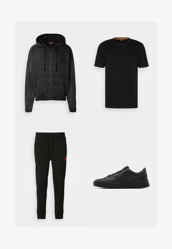 Μαύρο φούτερ με φερμουάρ από μαλακό ύφασμα, διαθέτει μπροστινή τσέπη, ριμπ μανσέτες και κεντητό λογότυπο "HUGO" στο στήθος.; Μαύρη κοντομάνικη μπλούζα φτιαγμένη από μαλακό ύφασμα, με στρογγυλή λαιμόκοψη και διακριτικό λογότυπο στο μπροστινό μέρος. Στη μέσα πλευρά της λαιμόκοψης έχει πορτοκαλί λεπτομέρεια.; Μαύρο φούτερ παντελόνι από μαλακό ύφασμα, με κορδόνι στη μέση, εφαρμογή slim και κόκκινο λογότυπο στη αριστερή μηριαία περιοχή.; Μαύρο αθλητικό παπούτσι με λείο δέρμα, στρογγυλή μύτη, επίπεδα κορδόνια, μαξιλαρωμένο κολάρο και μινιμαλιστικό σχέδιο. Καουτσούκ σόλα με ήπιο μοτίβο πρόσφυσης.