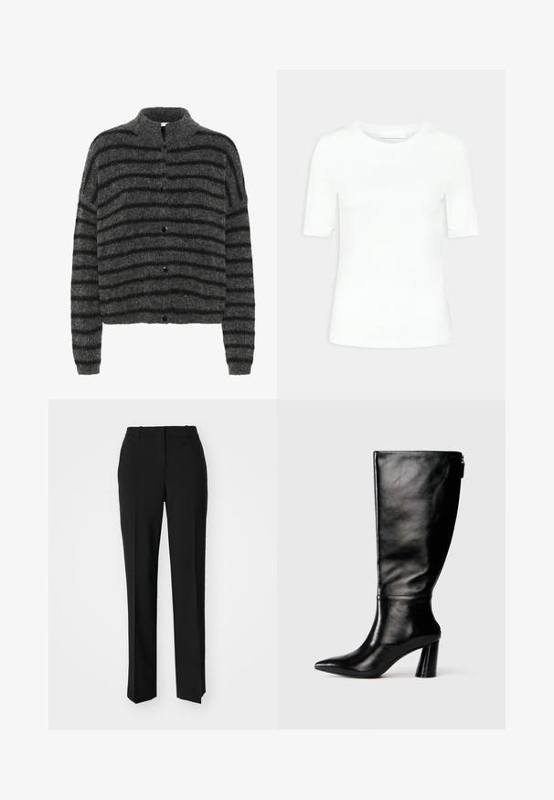 Purus, pilkas kardiganas su juodomis horizontaliomis juostelėmis, turintis apykaklę ir penkis juodus mygtukus priekyje. Tekstūruota, minkšta medžiaga.; Balta trumpa rankovė t-shirt bluzonė, pagaminta iš minkštos medvilnės. Pasižymi apvaliu kaklu ir prigludusia siluetu, be raštų ar matomų detalių.; Juodi pritaikyti kelnių modeliai su tiesiomis kojomis, pasižyminčios lygiomis tekstūromis ir ryškiomis klostėmis priekyje. Nėra matomų detalių.; Juodai odiniai aukštakulniai batai iki kelių su smailiu nosimi, lygiu paviršiumi ir stambiu kulnu. Yra užtrauktuko detalė gale.