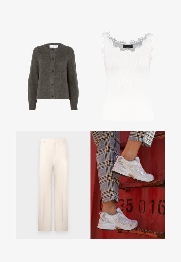 Uhlově šedý kardigan vyrobený z měkké tkaniny, s kulatým výstřihem, dlouhými rukávy a pěti knoflíkovými uzávěry vpředu.; Bílý žebrovaný tílko s krajkovým lemem na výstřihu a rukávech. Má jemnou texturu a přiléhavý střih. Značková etiketa viditelná uvnitř.; Růžové upravené kalhoty s rovnými nohavicemi, vyrobené z lehké látky. Má přední sklady a klasický pas.; Bílé síťované tenisky se stříbrnými akcenty a texturovanou podrážkou, umístěné na červeném povrchu, zkombinované s kostkovanými kalhotami.