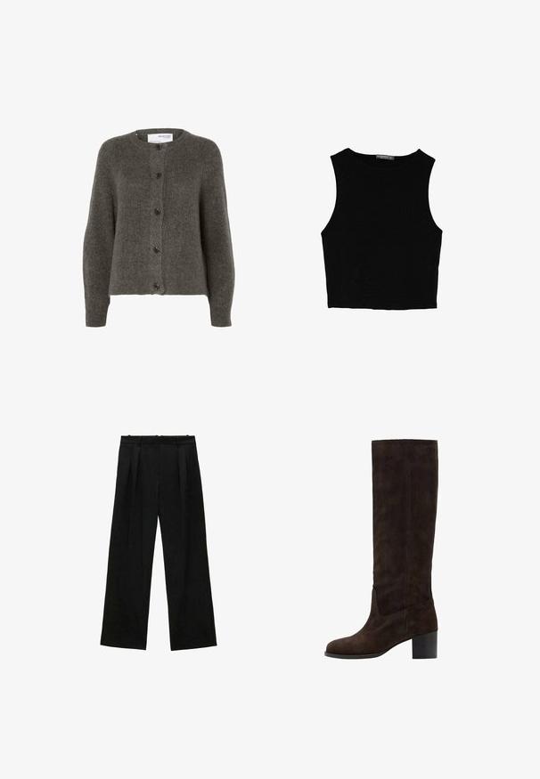 Charcoal šedý kardigán vyrobený z jemného materiálu, s okrúhlym výstrihom, dlhými rukávmi a piatimi gombíkmi na prednej strane.; Čierny bezrukávový crop top vyrobený z hladkej tkaniny, so zaobleným výstrihom a čistým, jednoduchým dizajnom bez vzorov alebo kovania.; Čierne široké nohavice s skladmi, s hladkou textúrou a vysokým pásom. Minimalistický štýl, žiadne viditeľné kovania ani ozdoby.; Hnedé zamatové kožené vysoké čižmy so štvorcovou špičkou a blokovým opätkom. Hladký povrch a minimálne švy na vonkajšej strane.