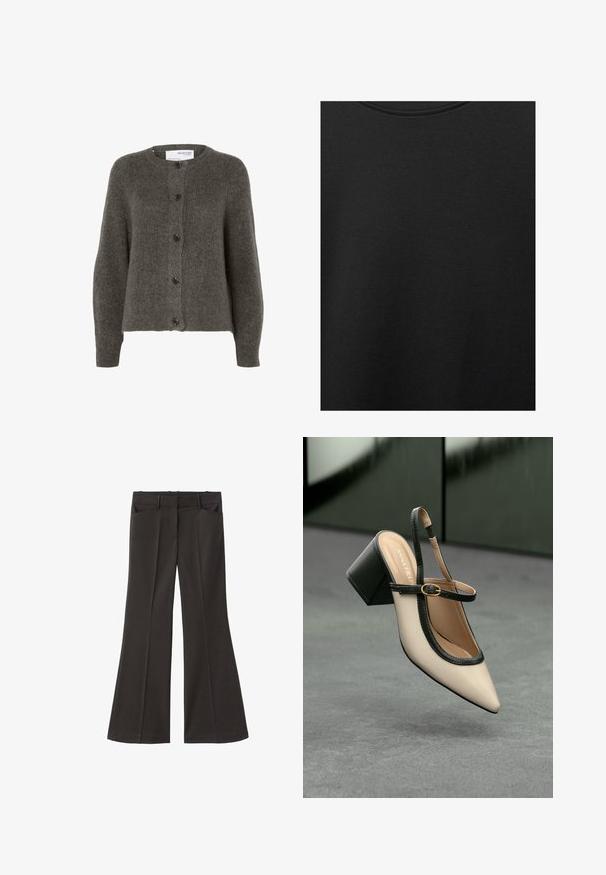 Harmaa kardigan, joka on valmistettu pehmeästä kankaasta. Siinä on pyöreä kaula-aukko, pitkät hihat ja viisi nappia edessä.; Musta puuvillakangas, jossa on sileä pinta ja pyöreä pääntie, ominaisuutena hienovarainen ja tasainen rakennekuvio. Ei näkyviä logoja tai korostuksia.; Mustat vyötäröltä korkealla loistavat housut; niissä on kaksi etutaskua ja sileä kangaspinta. Sopii eri tilaisuuksiin.; Beige slingback-kengät, joissa on musta reuna, kultahakas, ja paksu lohkoheel, harmaalla lattialla tummanvihreää taustaa vasten.