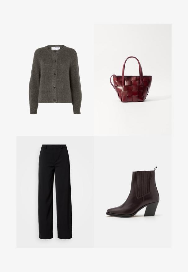 Cardigan grigio antracite realizzato in tessuto morbido, con colletto rotondo, maniche lunghe e cinque bottoni sulla parte anteriore.; Blazer senza maniche marrone con colletto a cono, chiusura con un solo bottone e due tasche frontali. Tessuto liscio con una leggera lucentezza.; T-shirt bianco a coste con scollo rotondo e maniche a tre quarti. Realizzato in materiale morbido con una texture liscia. Etichetta visibile all'apertura del colletto.; Pantaloni neri a gamba larga realizzati in tessuto morbido, con una vita classica e una silhouette sagomata, dotati di tasche frontali.; Stivale alla caviglia in pelle marrone scuro con punta appuntita, dettagli a coste verticali sui lati e tacco a blocco di altezza media.; Borsa a tote in pelle borgogna intrecciata con due manici corti e una tracolla rimovibile. Presenta una forma strutturata e una texture liscia.