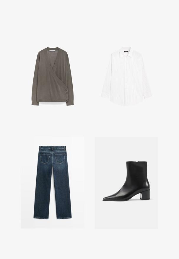 Brauner langärmeliger Wickelcardigan mit vier Knöpfen auf der unteren rechten Seite und einem V-Ausschnitt.; Weißes Hemd mit vertikalen hellgrauen Streifen, Kentkragen, langen Ärmeln und lockerer Passform. Aus leichtem Stoff gefertigt.; Dunkelblaue Jeans im geraden Schnitt, mit zwei Gesäßtaschen und sichtbaren Nähten entlang der Nähte und Säume.; Schwarze Lederschnürstiefelette mit spitzer Zehenform, glatter Textur und mittelhohem Blockabsatz. Minimalistisches Design, Reißverschluss hinten.