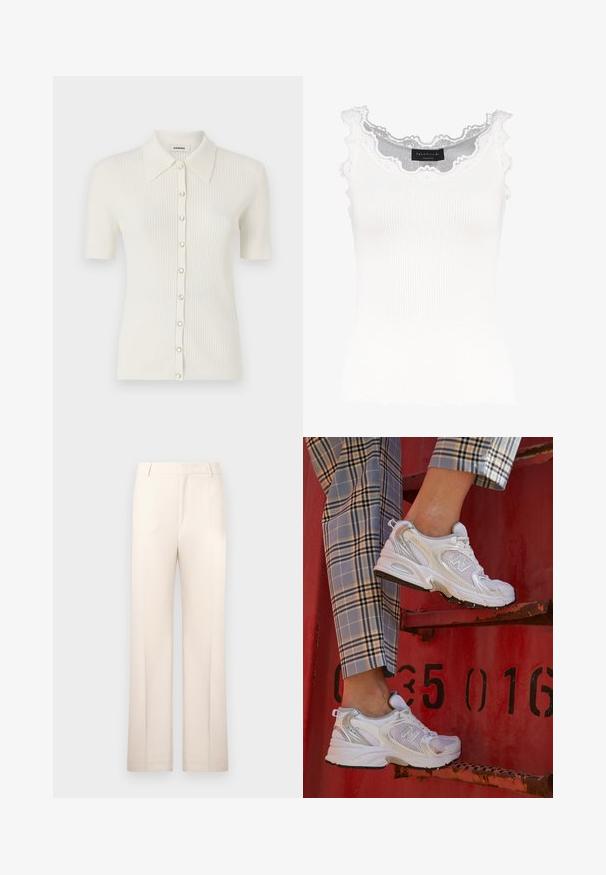 sandro LOOK CHEMISE MIXE SOIE - Cardigan - blanc; Hvit ribbete tank topp med blondedetaljer på halsen og ermene. Har en myk tekstur og en tettsittende fasong. Merket er synlig på innsiden.; Beige skreddersydde bukser med rette ben, laget av lett stoff. Har frontfolder og en klassisk midje.; Hvite nett sneakers med sølv detaljer og en teksturert såle, plassert på en rød overflate, i kombinasjon med rutete bukser.