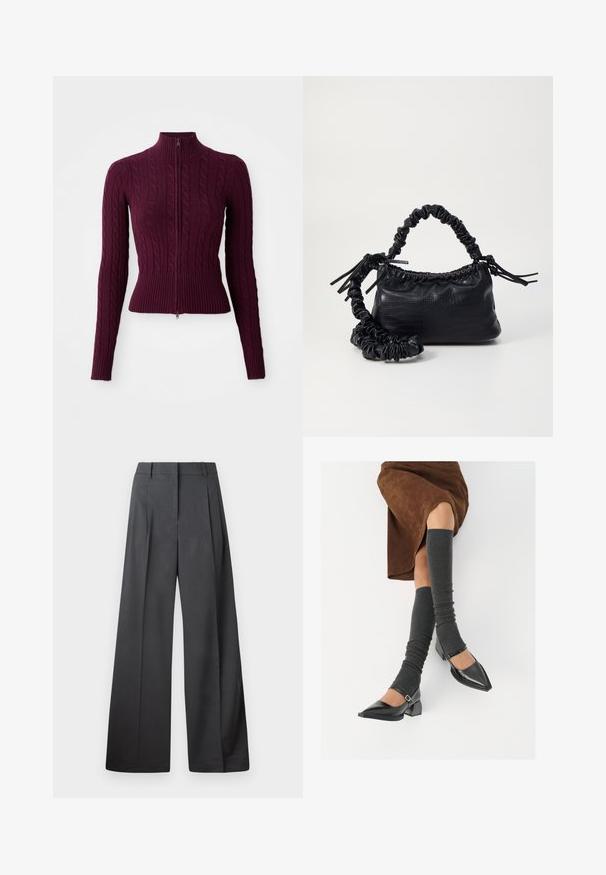 Σκούρος μωβ ζακέτα με πλεξίμα γραμμών και φερμουάρ, με ριμπ μανσέτες, στρίφωμα και ψηλό γιακά, παρουσιαζόμενη επίπεδη σε λευκό φόντο.; Λευκή πουκαμίσα με κουμπιά, φτιαγμένη από λείο βαμβάκι, με κλασικό γιακά, μακριά μανίκια και καμπυλωτό στρίφωμα. Τα κουμπιά είναι μικρά και λευκά.; Φαρδιά παντελόνια από σκούρο γκρι ύφασμα, με ψηλή μέση, μονές πτυχές και λεία υφή με καθαρή τελείωση στις άκρες.; Μαύρες πατεν leather γόβες με αιχμηρή μύτη, τετράγωνη φτέρνα και λουράκι αστραγάλου, συνδυασμένες με γκρι ριγέ ζεστά ποδιές και καφέ σουέντ φούστα.; Μαύρη τσάντα από faux δέρμα με υφή κροκοδείλου, κλειστή στο επάνω μέρος και με ρυτιδωμένο λουρί. Φαίνεται μαλακή και συμπαγής στο σχέδιο.