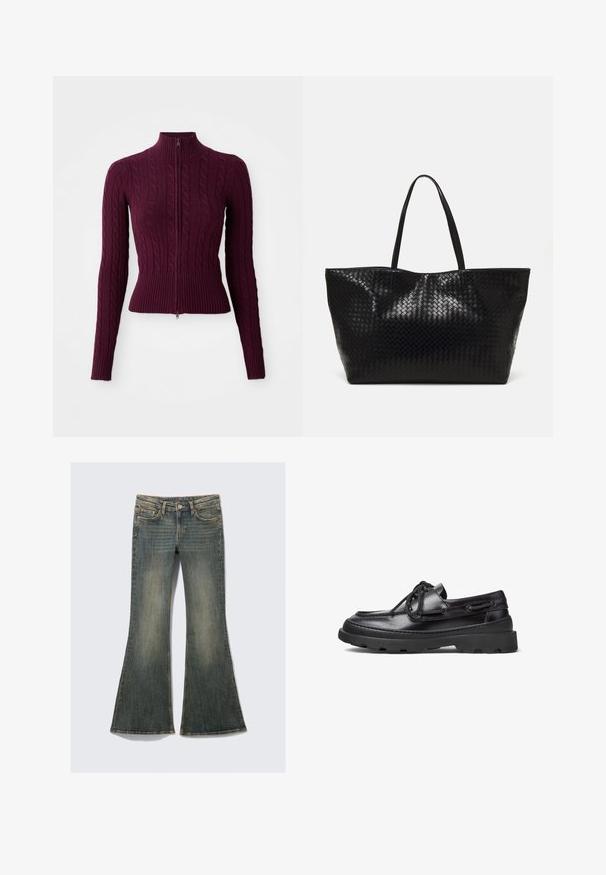 Mörklila kabelstickad zip-up tröja med ribbade manschetter, fåll och ståkrage, visad liggande på en vit bakgrund.; Mörkblå satinblus med lång ärm, krage, framknäppning och sidfickor. Slät textur och skräddarsydd passform.; Uppvikta denimjeans i en blekt blå färg med en klassisk femfickorsdesign, som har en lätt struktur och synliga sömnadsdetaljer.; Svarta läderskor för båt med rund tå, snörningsdesign, sydda detaljer och en kraftig gummisula med ett mönster för bra grepp.; Svart vävd strandväska med två stadiga handtag, med en glänsande yta och en rymlig öppen toppdesign.