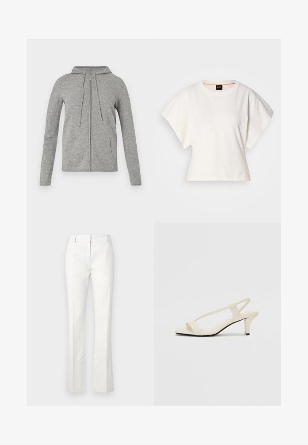 Szara bluza z zamkiem, wykonana z miękkiego materiału, z kapturem na sznurki, długimi rękawami i bocznymi kieszeniami, o gładkiej teksturze i casualowym designie.; Biała, krótka koszulka z szerokimi rękawami, wykonana z miękkiej bawełny, okrągły dekolt z delikatnym pomarańczowym wykończeniem, minimalistyczny design, bez wzorów i grafik.; Białe dopasowane spodnie z rozszerzanym dołem, z plisami z przodu i gładką fakturą, wykonane z lekkiego materiału.; Beżowe sandały na blokowym obcasie z cienkimi ramiączkami i kwadratowym noskiem. Gładki materiał z minimalną ilością detali, zaprojektowane z myślą o łatwym zakładaniu.