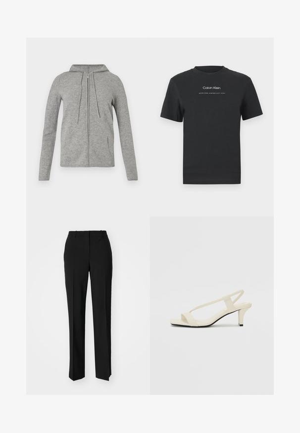 Grå zip-up hoodie gjord av mjukt tyg, med en dragsko i huvan, långa ärmar och sidofickor, med en slät yta och en avslappnad design.; Svart bomulls T-shirt med rund halsringning, korta ärmar och vittryckt "Calvin Klein" logotyp samt texten "Established 1968".; Svarta skräddarsydda byxor med rak benform, med en slät yta och skarpa veck fram. Ingen synlig hårdvara.; Beige blockklackade sandaler med tunna remmar och fyrkantig tå. Slätt material med minimal detaljering, utformade för enkel användning.