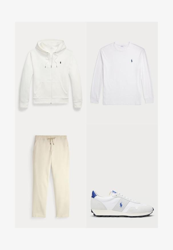 Biała bluza na zamek, wykonana z miękkiego materiału, z kieszenią typu kangur, kapturem ze sznurkiem oraz małym czarnym logo na lewej piersi.; Biały t-shirt z długim rękawem wykonany z bawełny. Posiada okrągły dekolt, ściągacze przy mankietach oraz małe granatowe logo polo na lewej piersi.; Casualne spodnie w kolorze off-white z elastycznym pasem i sznurkiem, proste nogawki i boczne kieszenie na jednolitym tle.; Białe sportowe sneakersy z szarymi akcentami z zamszu, siatkowym wierzchem, niebieską pętlą na pięcie i czarną gumową podeszwą. Posiadają zapięcie na sznurowadła i logo.