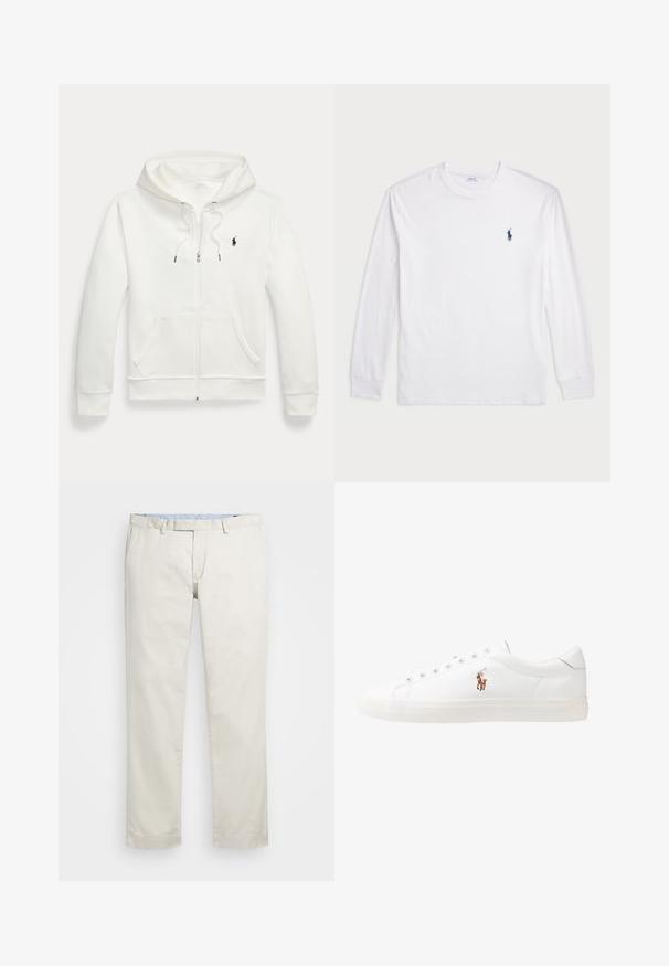 Bijela dukserica na zip, napravljena od mekanog materijala, sa kenguruvim džepom, kapuljačom sa vezicama i malim crnim logotipom na lijevoj strani grudi.; Bijela majica dugih rukava od pamuka. Ima okrugli izrez, rebraste manšete i mali logo u mornarskoplavoj boji na lijevoj strani grudi.; Bež pamukove chinos hlače s ravnim prednjim dijelom, petljama za remen i bočnim džepovima. Dizajn ravnih nogavica s glatkom teksturom i laganim, prozračnim osjećajem.; Bijele kožne tenisice, niskog kroja, s glatkom teksturom, okruglim vrhom, vezanjem sprijeda i malim izvezenim logom sa strane.