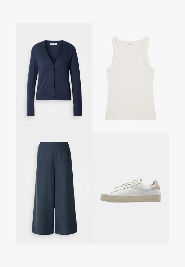 Námorně modrý svetr z měkkého materiálu, s výstřihem do V, zapínáním na knoflíky, dlouhými rukávy a ribbovanými manžetami.; Bílý bavlněný top bez rukávů s širokým výstřihem a tenkými ramínky. Hladká textura bez viditelných vzorů nebo ozdob.; Široké kalhoty v námořnické modři, vyrobené z lehké tkaniny. Mají mírně texturovaný povrch, elastický pas a přední švy.; Bílé kožené tenisky s hladkým povrchem, béžovými semišovými akcenty, kulatou špičkou, plochým šněrováním a texturovanou gumovou podrážkou.