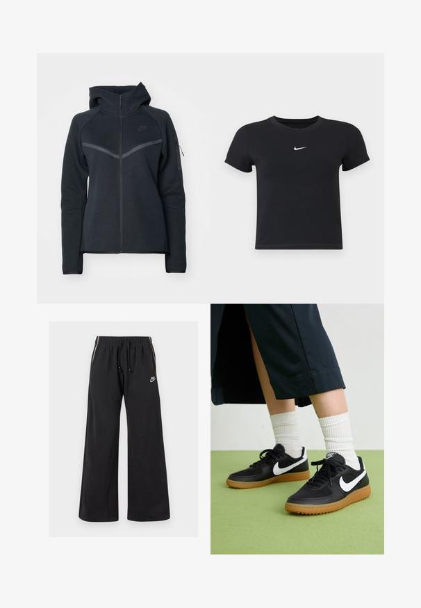 Sweater com fecho éclair preto e gola alta, com acabamentos cinza contrastantes e um bolso lateral com fecho. Feito de material de fleece suave com um design ajustado.; T-shirt preta de manga curta feita de algodão, com decote redondo. Apresenta um logótipo branco da Nike no peito, design minimalista e corte ajustado.; Calças de treino pretas, feitas de um tecido macio, com uma cintura elástica e cordão, riscas laterais e um pequeno logotipo na parte frontal esquerda.; Sapatilhas pretas em couro e sintético com o logo da Nike em branco, sola de borracha tipo goma, bico redondo e atacadores pretos. Meias brancas com frunces visíveis.