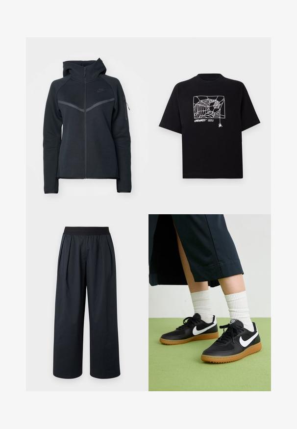 Crna dukserica s patentnim zatvaračem i visokim ovratnikom, s kontrastnim sivim detaljima i bočnom zip džepu. Izrađena od mekog flisa s prilagođenim dizajnom.; Crna majica kratkih rukava od pamuka. Na prednjoj strani sadrži zeleni grafički prikaz paukove mreže i logo. Jednostavna okrugla izreza.; Crne široke hlače s naboranim prednjim dijelom, elastičnim pojasom i glatkom teksturom tkanine. Odlikuju se labavim krojem i skraćenom duljinom.; Crne kožne i sintetičke tenisice s bijelim Nike swooshom, gumeni potplat, okrugli vrh i crne vezice. Vidljive rebraste bijele čarape.