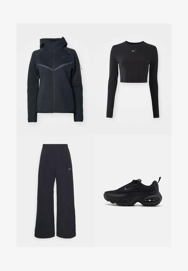 Svart zip-up hettegenser med høy krage, kontrasterende grå detaljer og en sidelomme med glidelås. Laget av mykt fleece-materiale med en tettsittende design.; Svart langermet cropped topp laget av glatt stoff, med rund hals og en hvit Nike-logo på brystet.; Svarte vide bukser med elastisk linning og en liten hvit Nike-logo. Stoffet har en glatt tekstur, designet for komfort og uformell bruk.; Svart atletisk sko med en jevn, teksturert overdel. Har rund tå, polstret krage og synlig luftputefor i sålen.