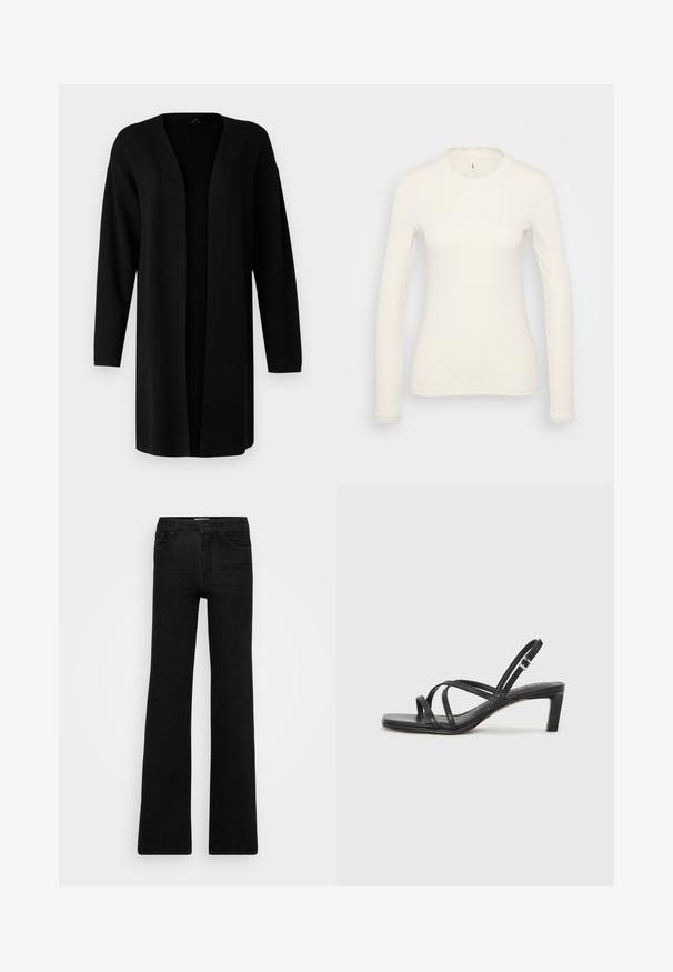 Μαύρο καρντιγκάν με χαλαρή εφαρμογή, ανοιχτό μπροστινό μέρος, μακριά μανίκια και μαλακή υφή. Φτιαγμένο από ένα ελαφρύ ύφασμα, ιδανικό για επικάλυψη.; Λευκή μπλούζα με μακριά μανίκια και ριγωτή υφή. Διαθέτει ένα κομψό ριγέ σχέδιο στο λαιμό και στο τελείωμα των μανικιών. Απλό, κομμένο σχέδιο.; Μαύρο φαρδύ τζιν φτιαγμένο από ντένιμ. Ο σχεδιασμός περιλαμβάνει δύο μπροστινές τσέπες και φερμουάρ, με ομαλή, ομοιόμορφη υφή και καθαρές γραμμές.; Μαύρη σανδάλι με λουράκια και τετράγωνη μύτη, καθώς και χαμηλό μπλοκ τακούνι. Διαθέτει πολλαπλά λεπτά λουράκια και ρυθμιζόμενο λουράκι στον αστράγαλο. Κατασκευασμένο από λείο δέρμα.