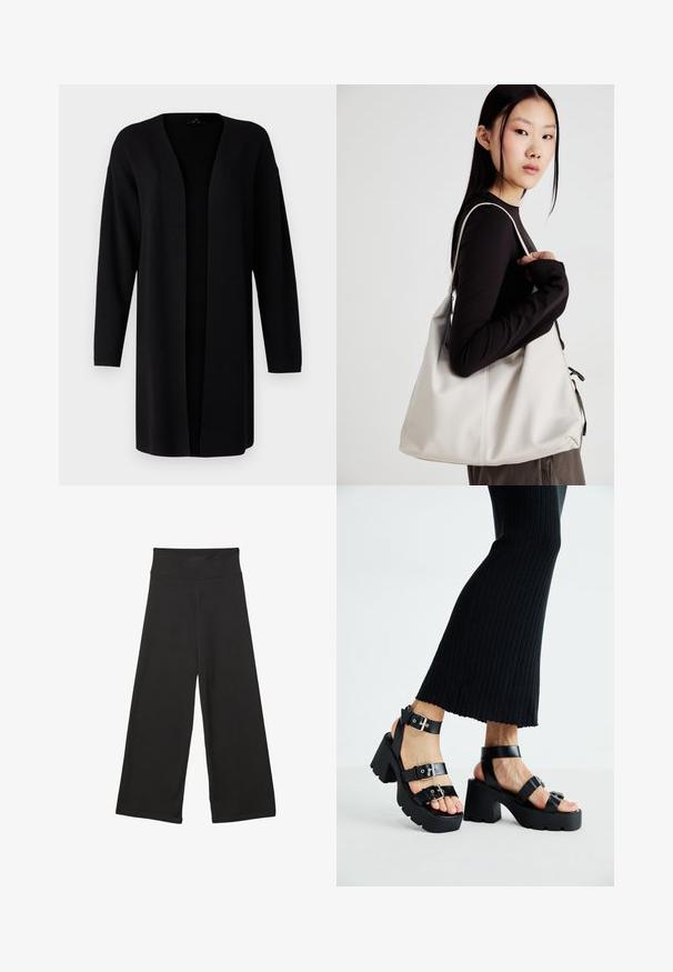 Črn kardigan z ohlapnim krojem, odprtim sprednjim delom, dolgimi rokavi in mehkimi vlakni. Narejen iz lahkotnega materiala, idealen za plastenje.; Črna dolgi rokavi prerezana majica s krožnim izrezom, enostaven dizajn in rahlo ukrivljen rob.; Črne široke hlače z visokim elastičnim pasom, izdelane iz mehke tkanine in ohlapnega kroja, primerne za sproščeno nošenje ali casual priložnosti.; Črne platforme s sandali in debelimi, zarezami ter več naramnicami, ki vključujejo kovinske zaponke in gladko teksturo, podobno usnju.; Bežna torbica iz mehkega materiala, z ohlapno zasnovo, šivi in dvema naramnicama. Primerna za vsakodnevno uporabo.